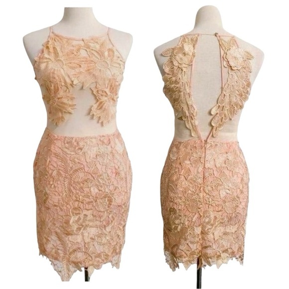 REVOLVE Dresses & Skirts - Strategic Illusion Dress Cream Lace Appliqué Sexy Club Party Night Out Mini Med